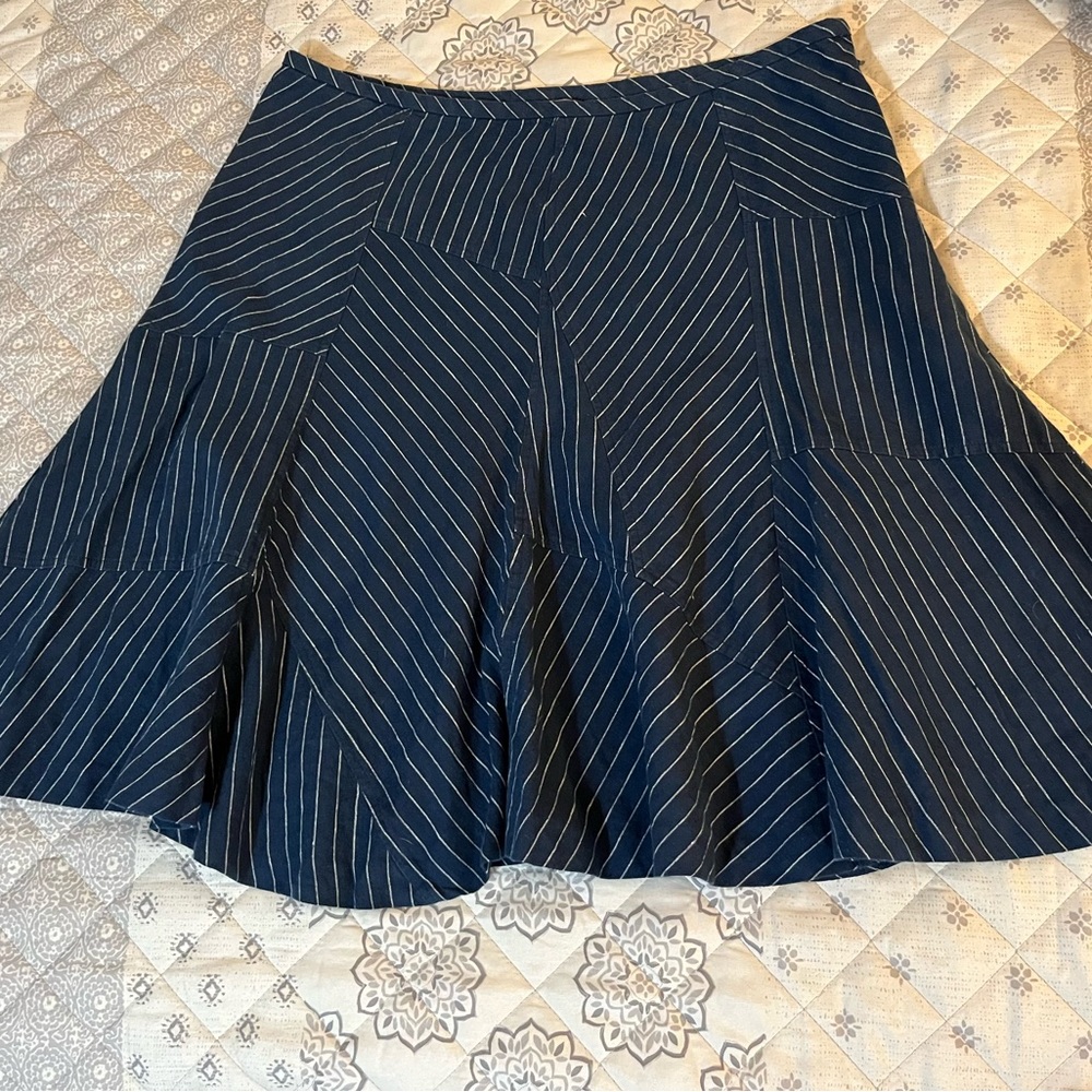 Dark Blue and White Striped Linen Blend Skirt, Size 12